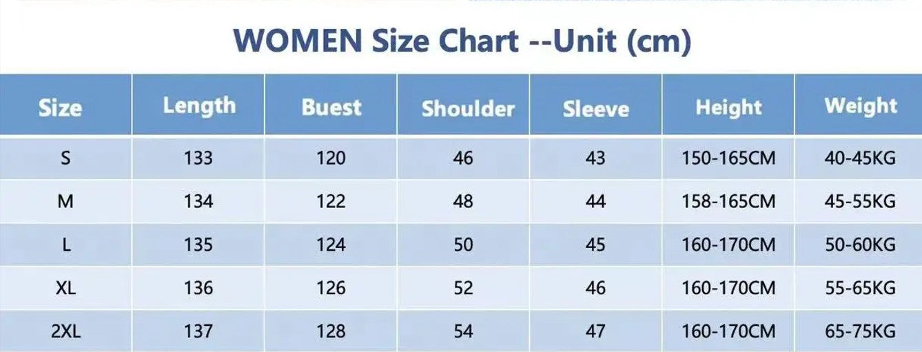 Women's size chart with measurements in centimeters