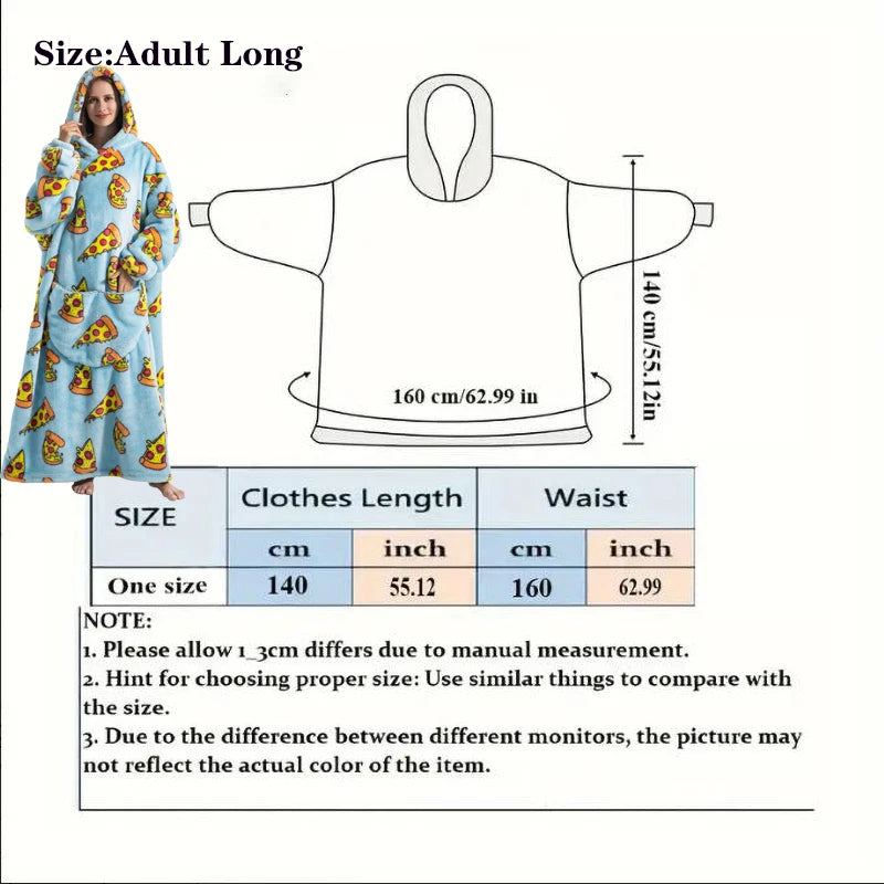 Measurement chart for a hooded blanket with pizza design, showing size chart and dimensions.