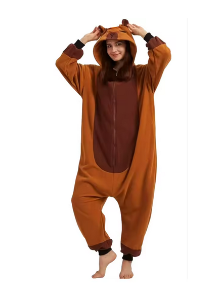 Person wearing a brown onesie with a hood on a white background