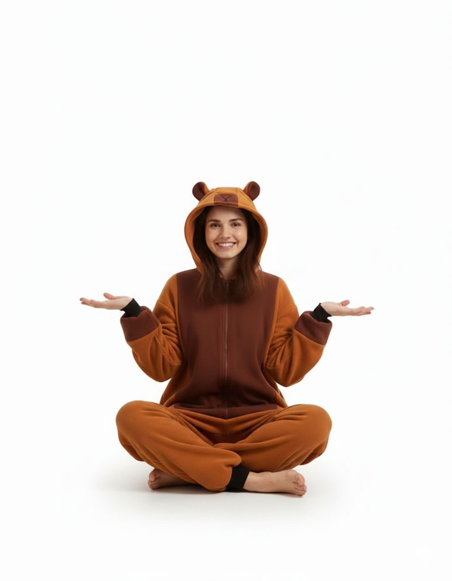 Person wearing a brown bear onesie on a white background
