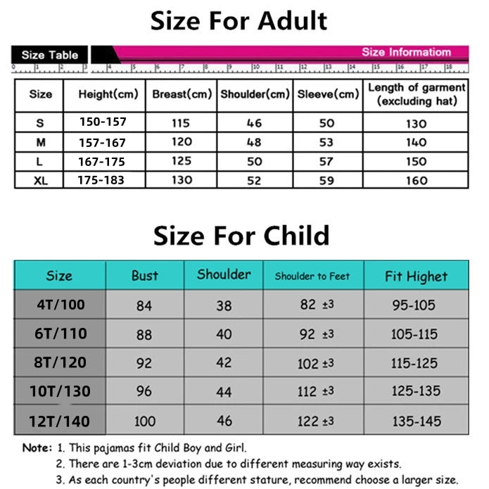 Size chart for pajamas with tables for adults and children on a white background.