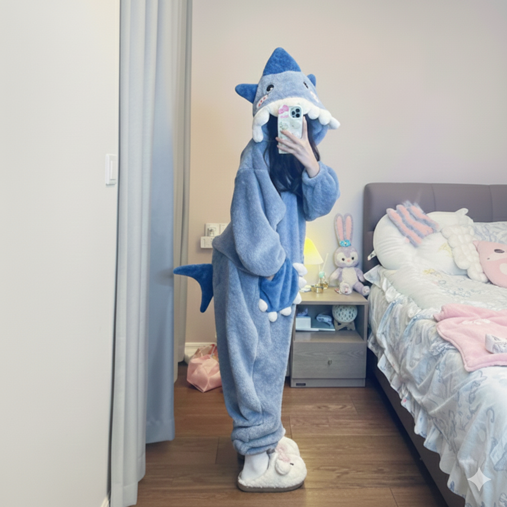 Cute Shark Hooded Onesie for Women – Winter Cosplay Sleepwear