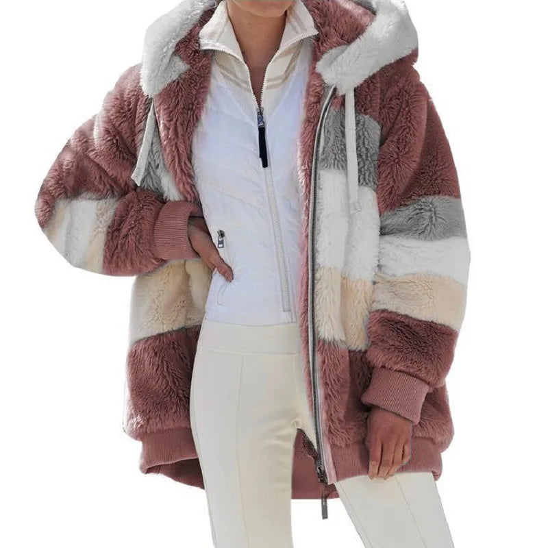 Multicolored sherpa jacket with a white shirt and pants on a white background
