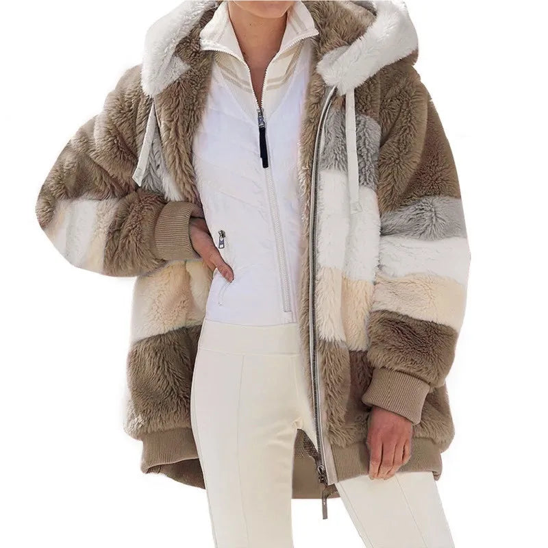 Brown and beige striped faux fur jacket with white interior on a white background