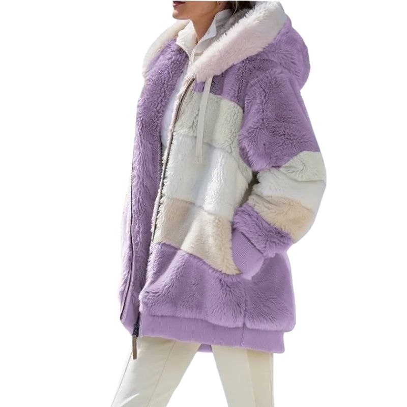 Purple and beige sherpa jacket on a white background