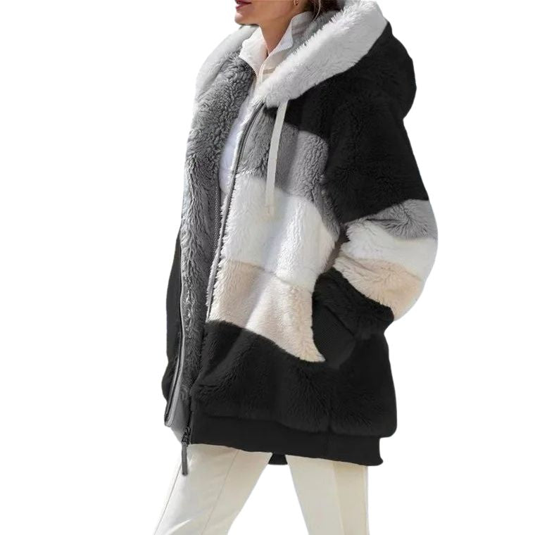 Black and white sherpa jacket with a hood on a white background