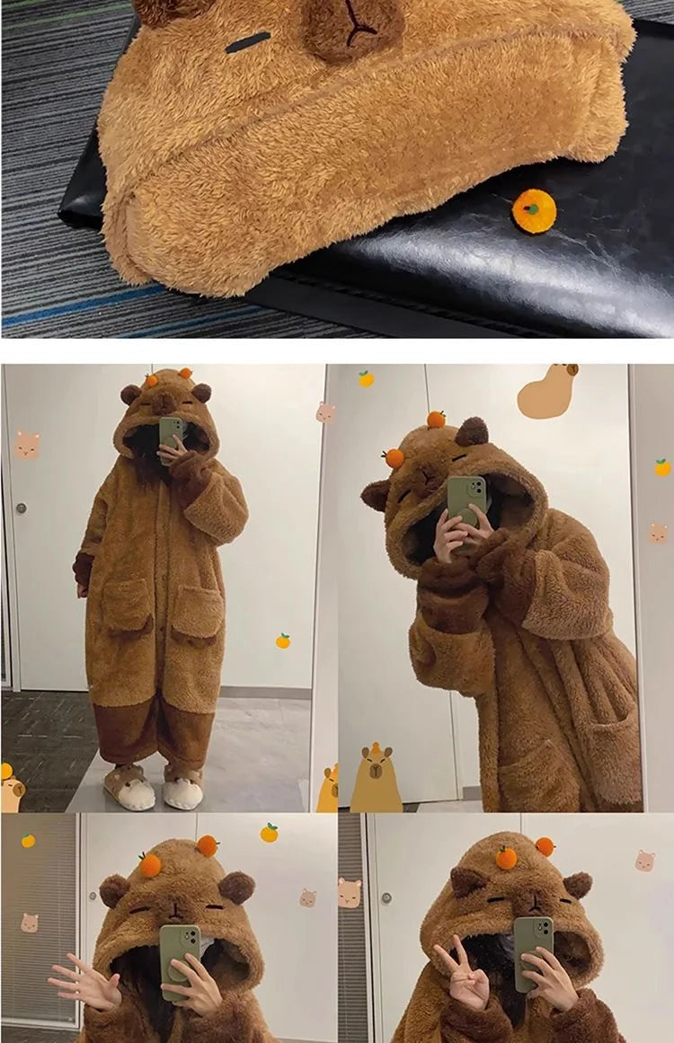 Brown bear-themed outfit worn by a person, with close-up shots of the headpiece.