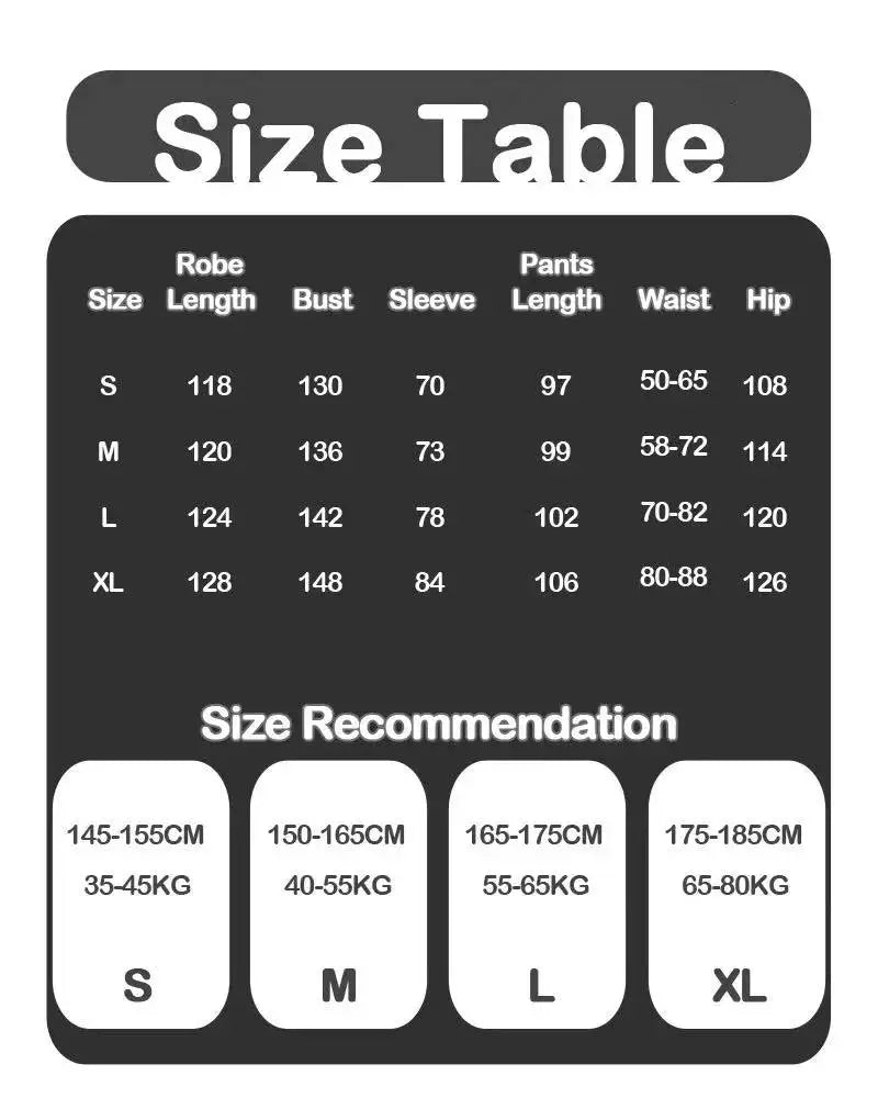 Size chart for robes and pants with measurements and weight recommendations.