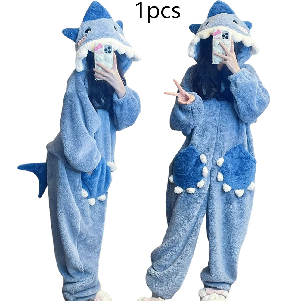 Cute Shark Hooded Onesie for Women – Winter Cosplay Sleepwear
