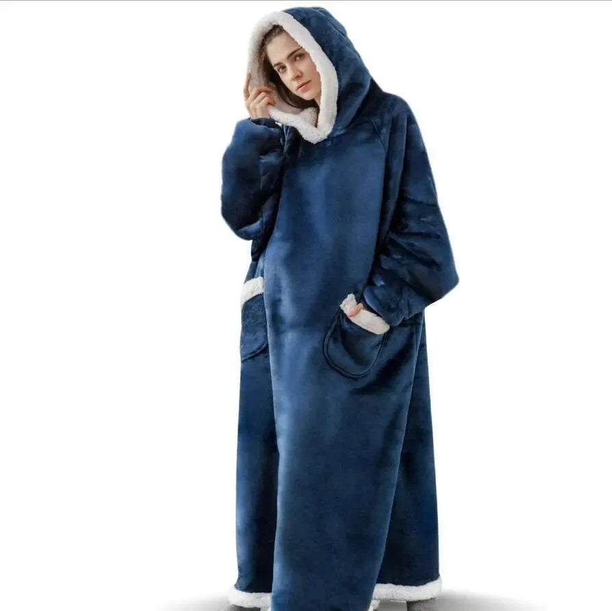 Super Long Flannel Wearable Blanket – Oversized Hoodie with Sleeves