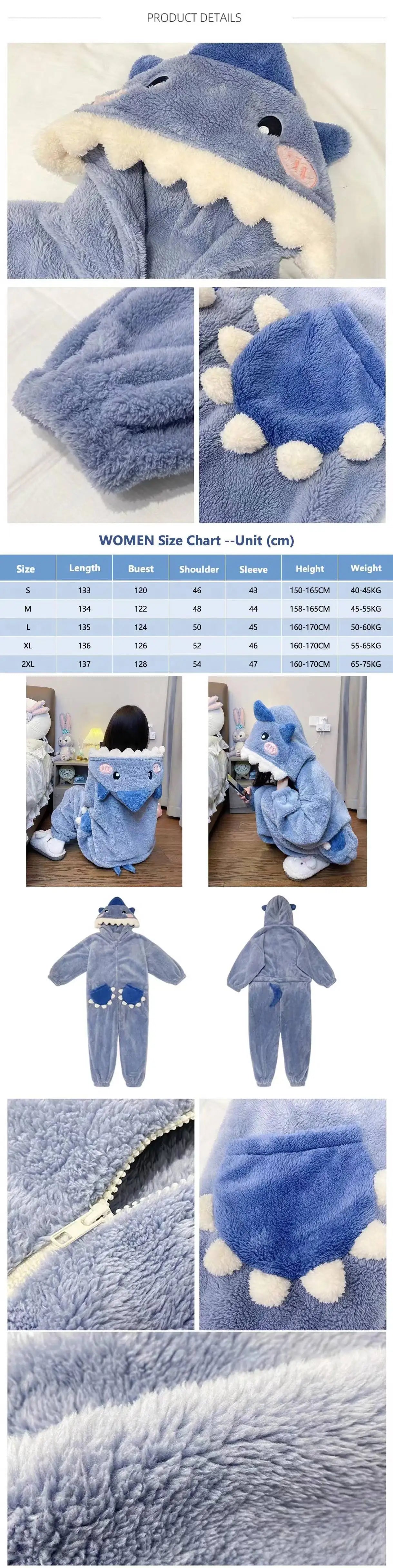 Cute Shark Hooded Onesie for Women – Winter Cosplay Sleepwear