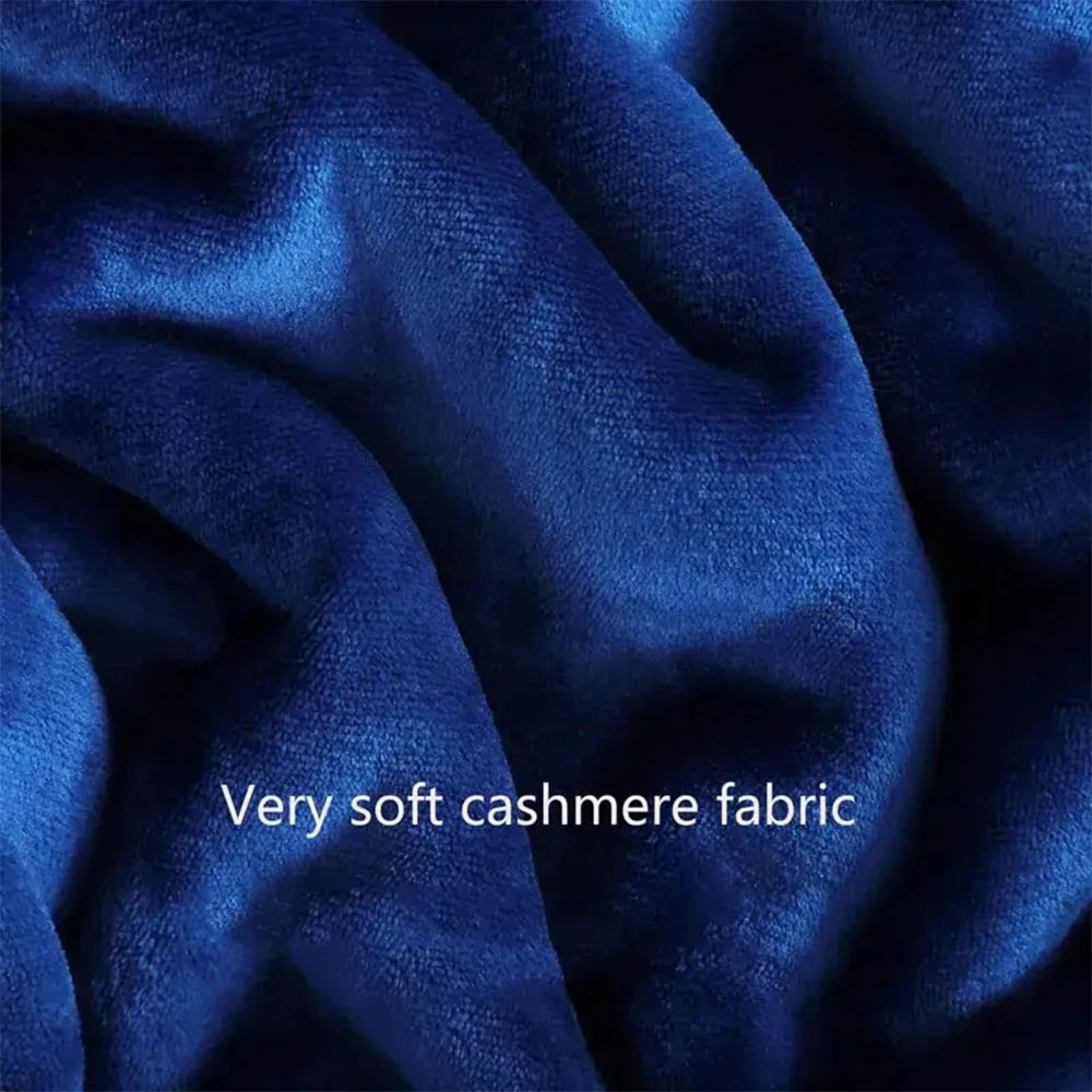 Close-up of blue cashmere fabric with text 'Very soft cashmere fabric'.