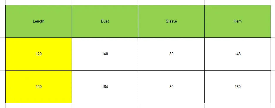 Measurement chart with dimensions for length, bust, sleeve, and hem in centimeters.