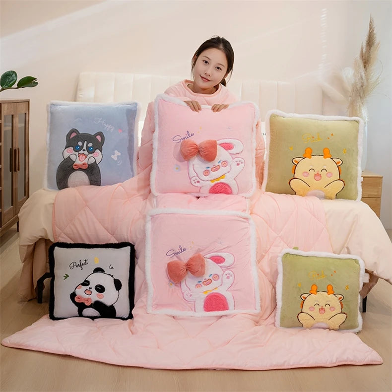 Person sitting on a bed with various cartoon-themed pillows and blankets.